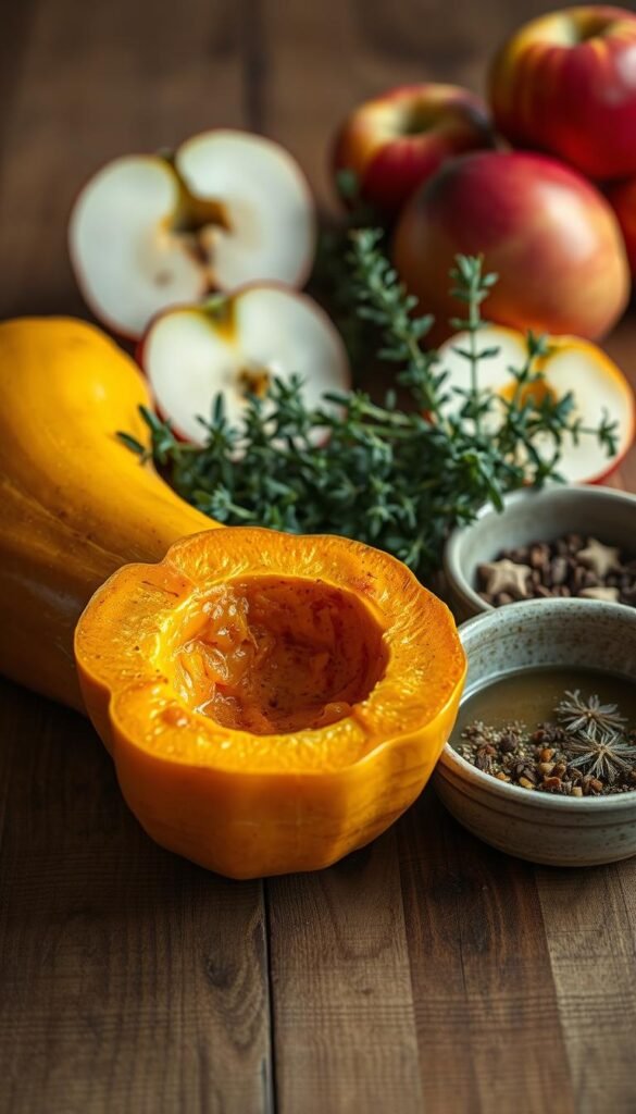 A rustic still life of oven-roasted soup ingredients on a wooden table. In the foreground, a golden butternut squash, its caramelized surface reflecting the warm kitchen light. Alongside, sliced apples, their crimson skin glistening. In the middle ground, a bundle of fresh thyme, its earthy aroma wafting through the air. A ceramic bowl filled with aromatic herbs and spices completes the scene, hinting at the flavorful soup to come. The natural textures and muted tones create a cozy, homemade atmosphere, inviting the viewer to imagine the comforting meal ahead. A rustic still life of oven-roasted soup ingredients on a wooden table. In the foreground, a golden butternut squash, its caramelized surface reflecting the warm kitchen light. Alongside, sliced apples, their crimson skin glistening. In the middle ground, a bundle of fresh thyme, its earthy aroma wafting through the air. A ceramic bowl filled with aromatic herbs and spices completes the scene, hinting at the flavorful soup to come. The natural textures and muted tones create a cozy, homemade atmosphere, inviting the viewer to imagine the comforting meal ahead.