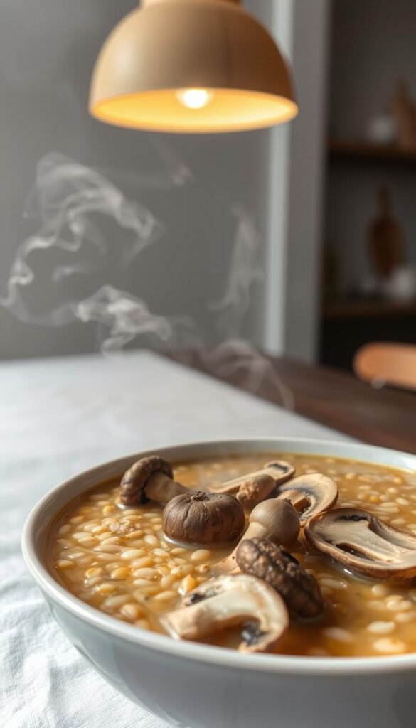 A steaming bowl of mushroom barley soup, the earthy aroma wafting through the air. In the foreground, a selection of freshly foraged mushrooms - porcini, shiitake, and oyster - artfully arranged. The middle ground features a creamy, golden broth speckled with tender barley grains. Soft lighting from an overhead pendant casts a warm glow, highlighting the textural interplay of ingredients. The background is a minimalist kitchen setting, with clean lines and muted tones that allow the soup to take center stage. This cozy, nourishing scene captures the essence of an expert-level mushroom barley soup, ready to inspire and delight the senses. A steaming bowl of mushroom barley soup, the earthy aroma wafting through the air. In the foreground, a selection of freshly foraged mushrooms - porcini, shiitake, and oyster - artfully arranged. The middle ground features a creamy, golden broth speckled with tender barley grains. Soft lighting from an overhead pendant casts a warm glow, highlighting the textural interplay of ingredients. The background is a minimalist kitchen setting, with clean lines and muted tones that allow the soup to take center stage. This cozy, nourishing scene captures the essence of an expert-level mushroom barley soup, ready to inspire and delight the senses.