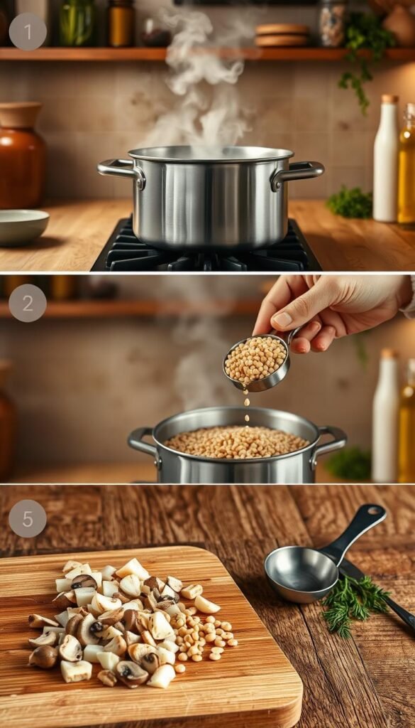 A step-by-step illustration of a homemade mushroom barley soup recipe. In the foreground, a wooden cutting board displays neatly chopped mushrooms, onions, and garlic. Behind it, a large stockpot simmers on a gas stove, steam billowing from the surface. In the middle ground, a chef's hand gently adds pearl barley to the pot, while measuring spoons and a ladle rest nearby. The background features a cozy kitchen setting, with warm lighting and shelves lined with jars and herbs. The composition captures the process of preparing this hearty, comforting soup from start to finish. A step-by-step illustration of a homemade mushroom barley soup recipe. In the foreground, a wooden cutting board displays neatly chopped mushrooms, onions, and garlic. Behind it, a large stockpot simmers on a gas stove, steam billowing from the surface. In the middle ground, a chef's hand gently adds pearl barley to the pot, while measuring spoons and a ladle rest nearby. The background features a cozy kitchen setting, with warm lighting and shelves lined with jars and herbs. The composition captures the process of preparing this hearty, comforting soup from start to finish.