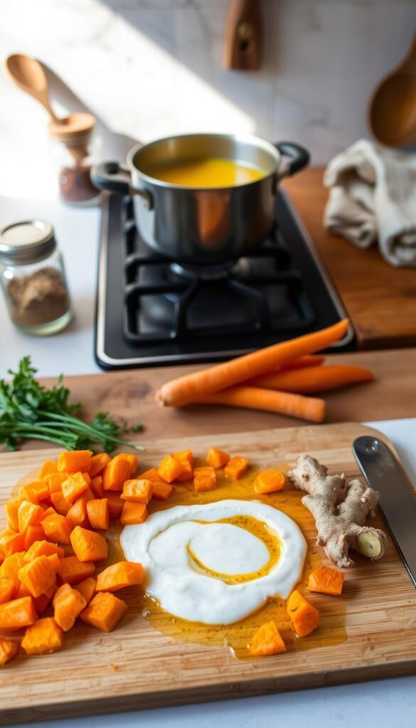 A step-by-step recipe for a vibrant carrot ginger soup, captured in a warm, cozy kitchen setting. In the foreground, a cutting board showcases freshly chopped vegetables - plump carrots, fragrant ginger, and a swirl of creamy coconut milk. In the middle ground, a saucepan simmers on the stovetop, steam gently rising. The background features simple kitchen accoutrements - a wooden spoon, a jar of spices, and a neatly folded kitchen towel, all bathed in a soft, natural light. The overall atmosphere evokes a sense of homemade comfort and culinary artistry. A step-by-step recipe for a vibrant carrot ginger soup, captured in a warm, cozy kitchen setting. In the foreground, a cutting board showcases freshly chopped vegetables - plump carrots, fragrant ginger, and a swirl of creamy coconut milk. In the middle ground, a saucepan simmers on the stovetop, steam gently rising. The background features simple kitchen accoutrements - a wooden spoon, a jar of spices, and a neatly folded kitchen towel, all bathed in a soft, natural light. The overall atmosphere evokes a sense of homemade comfort and culinary artistry.