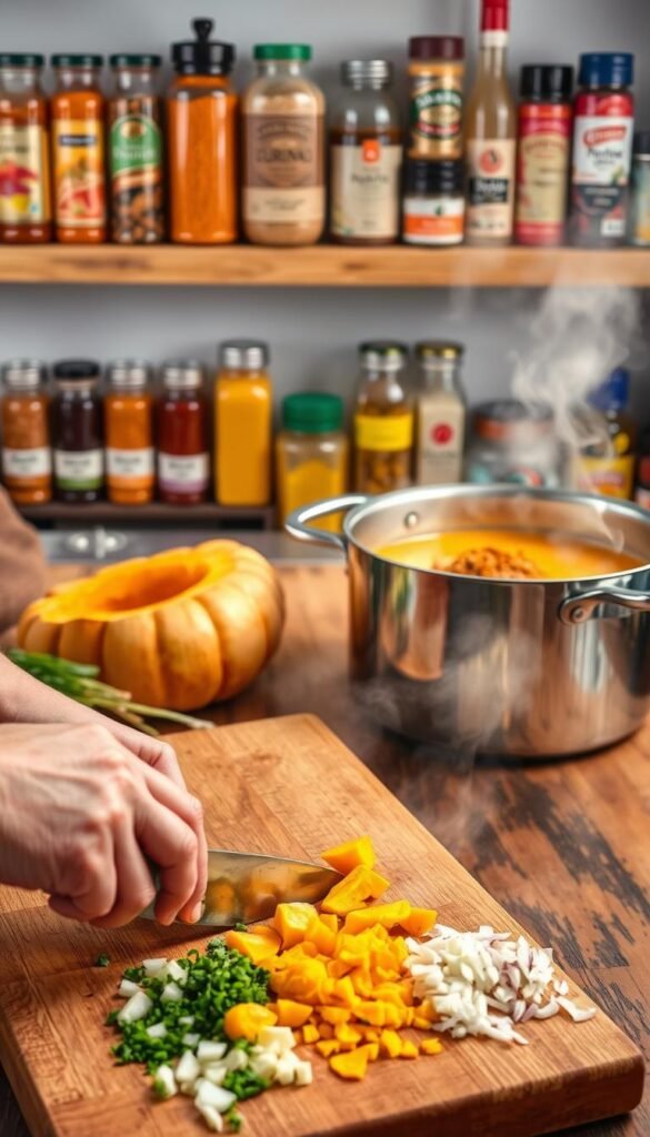A vibrant, step-by-step visual guide to preparing curried pumpkin soup. In the foreground, a chef's hands carefully chop fresh pumpkin, ginger, and onions on a wooden cutting board. The mid-ground features a simmering pot of sautéed aromatics, spices, and stock, with steam gently rising. In the background, shelves display an array of colorful spices, jars of curry powder, and other soup ingredients, bathed in warm, diffused lighting. The scene conveys a sense of culinary expertise, wholesome ingredients, and the comforting process of homemade soup preparation. A vibrant, step-by-step visual guide to preparing curried pumpkin soup. In the foreground, a chef's hands carefully chop fresh pumpkin, ginger, and onions on a wooden cutting board. The mid-ground features a simmering pot of sautéed aromatics, spices, and stock, with steam gently rising. In the background, shelves display an array of colorful spices, jars of curry powder, and other soup ingredients, bathed in warm, diffused lighting. The scene conveys a sense of culinary expertise, wholesome ingredients, and the comforting process of homemade soup preparation.