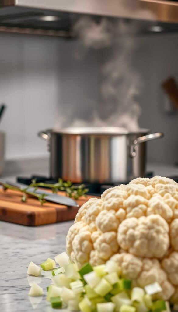 A well-lit, high-resolution photograph of a gourmet kitchen counter, showcasing the methods and techniques for preparing a creamy cauliflower and leek soup. In the foreground, a large white cauliflower and freshly chopped leeks are arranged neatly. In the middle ground, a stainless steel saucepan simmers on the stovetop, steam rising from the surface. In the background, a wooden cutting board displays a sharp chef's knife and a few sprigs of fresh thyme. The lighting is soft and even, casting a warm, inviting glow over the scene. The overall mood is one of culinary expertise and attention to detail, reflecting the artistry and care required to craft a truly exceptional cauliflower and leek soup. A well-lit, high-resolution photograph of a gourmet kitchen counter, showcasing the methods and techniques for preparing a creamy cauliflower and leek soup. In the foreground, a large white cauliflower and freshly chopped leeks are arranged neatly. In the middle ground, a stainless steel saucepan simmers on the stovetop, steam rising from the surface. In the background, a wooden cutting board displays a sharp chef's knife and a few sprigs of fresh thyme. The lighting is soft and even, casting a warm, inviting glow over the scene. The overall mood is one of culinary expertise and attention to detail, reflecting the artistry and care required to craft a truly exceptional cauliflower and leek soup.
