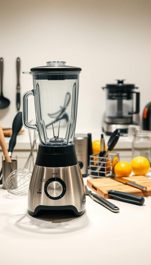 A well-lit kitchen counter with a sturdy blender, various kitchen utensils, and essential cooking tools. In the foreground, a high-quality blender with a sleek metallic finish sits prominently, its blades gleaming. Surrounding it, an assortment of tools such as a whisk, spatula, ladle, and a cutting board with a sharp knife. In the middle ground, a few additional small appliances like a food processor and a citrus juicer add to the scene. The background features a clean, minimalist kitchen environment, with a subtle play of shadows and highlights to create depth and a sense of professionalism. The overall mood is one of efficiency, organization, and culinary expertise, perfectly suited for illustrating the "Cooking Tools and Equipment Essentials" section of the article. A well-lit kitchen counter with a sturdy blender, various kitchen utensils, and essential cooking tools. In the foreground, a high-quality blender with a sleek metallic finish sits prominently, its blades gleaming. Surrounding it, an assortment of tools such as a whisk, spatula, ladle, and a cutting board with a sharp knife. In the middle ground, a few additional small appliances like a food processor and a citrus juicer add to the scene. The background features a clean, minimalist kitchen environment, with a subtle play of shadows and highlights to create depth and a sense of professionalism. The overall mood is one of efficiency, organization, and culinary expertise, perfectly suited for illustrating the "Cooking Tools and Equipment Essentials" section of the article.