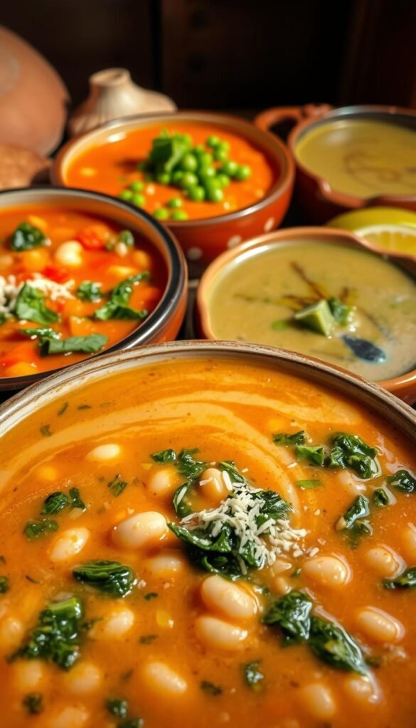 An assortment of vibrant, simmering vegetable soups in a rustic, cozy setting. In the foreground, a chunky white bean and kale soup with swirls of olive oil and sprinkles of parmesan. Surrounding it, a medley of other flavorful variations - a hearty tomato-based minestrone, a vibrant green pea and basil purée, and a rich mushroom bisque with a drizzle of truffle oil. Warm lighting illuminates the scene, casting a comforting glow and highlighting the textures of the vegetables. The image evokes the inviting aromas and satisfying warmth of a homemade vegetable soup feast, inspiring cozy, nourishing variations. An assortment of vibrant, simmering vegetable soups in a rustic, cozy setting. In the foreground, a chunky white bean and kale soup with swirls of olive oil and sprinkles of parmesan. Surrounding it, a medley of other flavorful variations - a hearty tomato-based minestrone, a vibrant green pea and basil purée, and a rich mushroom bisque with a drizzle of truffle oil. Warm lighting illuminates the scene, casting a comforting glow and highlighting the textures of the vegetables. The image evokes the inviting aromas and satisfying warmth of a homemade vegetable soup feast, inspiring cozy, nourishing variations.
