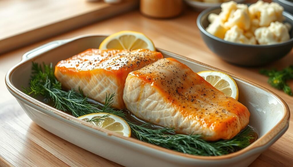 A baked salmon fillet resting on a ceramic dish, glistening with a light honey glaze. The salmon is surrounded by a bed of fresh dill sprigs, lemon slices, and a sprinkle of cracked black pepper. In the background, a wooden kitchen counter is illuminated by soft, natural lighting, casting a warm glow on the scene. The overall composition is clean, simple, and focused on highlighting the beauty of the perfectly cooked salmon, ready to be served alongside a side of creamy, garlic-infused mashed cauliflower.