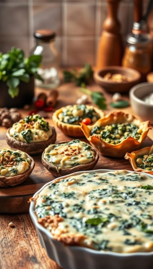 A baked spinach and artichoke dip in the foreground, surrounded by creative variations on the classic dish - a spinach and artichoke stuffed mushroom cap, a spinach and artichoke quiche, and a spinach and artichoke-filled phyllo pastry cup. The dips and dishes are arranged on a rustic wooden board, lit by warm, natural lighting that casts a cozy glow. The background features a soft, blurred kitchen scene with herbs, spices, and other cooking ingredients, establishing a homey, culinary atmosphere. Detailed textures, vibrant colors, and careful composition capture the inviting nature of these spinach and artichoke dip variations.