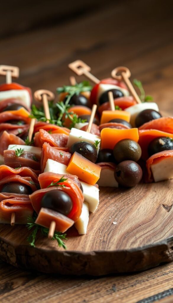 A beautifully arranged display of charcuterie skewers, each one a delightful composition of cured meats, cheeses, olives, and fresh herbs. The skewers are presented on a rustic wooden board, the natural grain and texture providing a warm, earthy backdrop. Soft, directional lighting casts gentle shadows, highlighting the vibrant colors and textures of the ingredients. The skewers are positioned in an inviting, asymmetrical layout, drawing the eye across the scene. The overall mood is one of artful simplicity, showcasing the craftsmanship and care taken in the presentation of this appetizing spread.