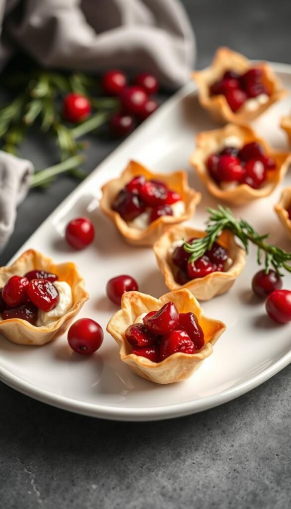 A beautifully styled presentation of succulent Cranberry & Brie Phyllo Bites on a pristine white porcelain platter, bathed in soft, even lighting that accentuates the delicate texture of the flaky phyllo dough and the rich, creamy brie. The bites are elegantly arranged in a visually appealing pattern, with fresh cranberries and a sprig of rosemary providing a vibrant, complementary pop of color. The scene is captured from a slightly elevated angle, creating an inviting, high-end culinary display that evokes a sense of sophistication and culinary expertise, perfect for showcasing this delectable appetizer. A beautifully styled presentation of succulent Cranberry & Brie Phyllo Bites on a pristine white porcelain platter, bathed in soft, even lighting that accentuates the delicate texture of the flaky phyllo dough and the rich, creamy brie. The bites are elegantly arranged in a visually appealing pattern, with fresh cranberries and a sprig of rosemary providing a vibrant, complementary pop of color. The scene is captured from a slightly elevated angle, creating an inviting, high-end culinary display that evokes a sense of sophistication and culinary expertise, perfect for showcasing this delectable appetizer.