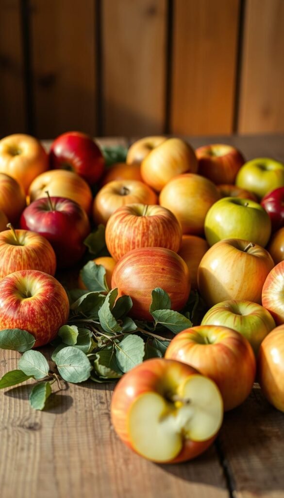 A bountiful arrangement of various apple varieties laid out on a rustic wooden table, illuminated by warm natural lighting and captured from a slightly elevated angle. The apples are positioned in the foreground, showcasing their distinct colors, shapes, and textures - from the deep red of Honeycrisp, the golden hues of Gala, the striped pattern of Fuji, and the firm, green Granny Smiths. The middle ground features a scattering of fresh leaves and stems, hinting at the orchards from which these apples were harvested. The background blurs softly, evoking a sense of inviting, countryside ambiance. The overall composition and lighting create an appetizing, artisanal presentation of the finest snacking apples.