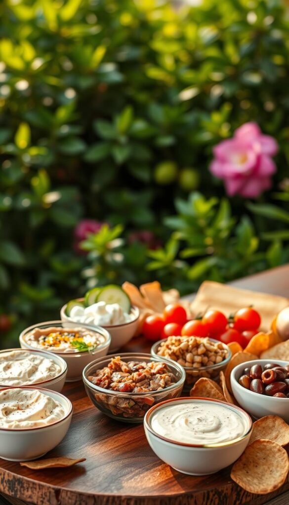 A bountiful display of gourmet dips and accompaniments for charcuterie skewers. In the foreground, an array of small bowls filled with creamy hummus, tangy tzatziki, and savory olive tapenade, artfully arranged on a rustic wooden board. In the middle ground, sliced cucumbers, cherry tomatoes, and crisp pita chips provide textural contrast. The background features a lush, verdant backdrop, evoking a Mediterranean garden setting, bathed in warm, natural lighting that casts a golden glow on the scene. The overall mood is one of rustic elegance, inviting the viewer to savor the flavors and explore the perfect pairings for the skewered meats and cheeses.