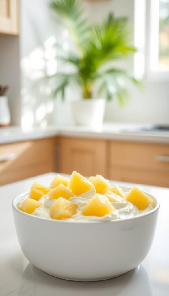 A bright, airy kitchen counter with a clean white surface. In the foreground, a white ceramic bowl filled with smooth, creamy cottage cheese, dotted with vibrant yellow pineapple chunks. The pineapple slices are neatly arranged, creating a visually appealing contrast. Soft, natural lighting casts a warm glow, highlighting the texture of the cottage cheese and the juicy, translucent pineapple. In the background, a lush, tropical plant adds a touch of greenery, complementing the colors of the dish. The overall scene exudes a sense of freshness and simplicity, inviting the viewer to savor the combination of the cool, tangy cottage cheese and the sweet, tropical pineapple.