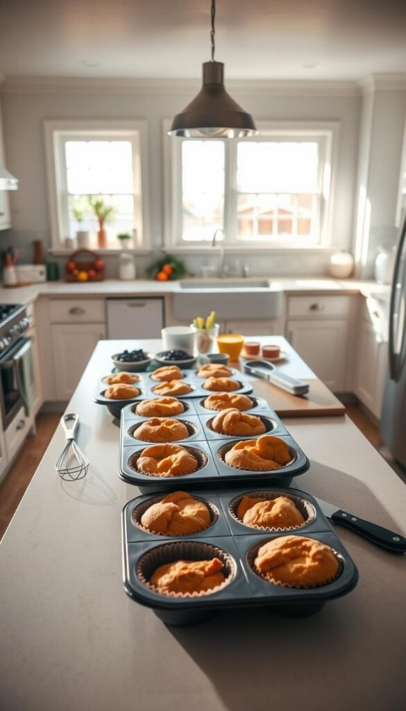 A bright and airy kitchen interior with a central island countertop. On the countertop, a mix of muffin tins, ingredients, and common troubleshooting tools like a whisk, spatula, and a cutting board. The muffins are in various stages of preparation, some risen and golden, others sunken or unevenly baked. Soft, even lighting from windows illuminates the scene, casting warm shadows. The mood is one of thoughtful problem-solving, with a sense of culinary experimentation. The camera angle is slightly elevated, providing an overview of the "troubleshooting" process. A bright and airy kitchen interior with a central island countertop. On the countertop, a mix of muffin tins, ingredients, and common troubleshooting tools like a whisk, spatula, and a cutting board. The muffins are in various stages of preparation, some risen and golden, others sunken or unevenly baked. Soft, even lighting from windows illuminates the scene, casting warm shadows. The mood is one of thoughtful problem-solving, with a sense of culinary experimentation. The camera angle is slightly elevated, providing an overview of the "troubleshooting" process.