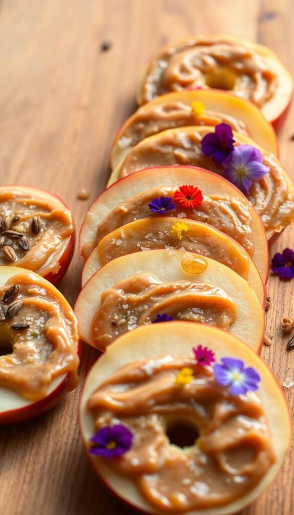 A close-up photograph of a wooden surface, softly lit from the side, with neatly arranged apple slices coated in a rich, creamy sunflower seed butter. Decorative toppings adorn the slices, including roasted sunflower seeds, a sprinkle of flaky sea salt, a drizzle of golden honey, and a scattering of vibrant edible flowers, creating a visually appealing and appetizing composition.