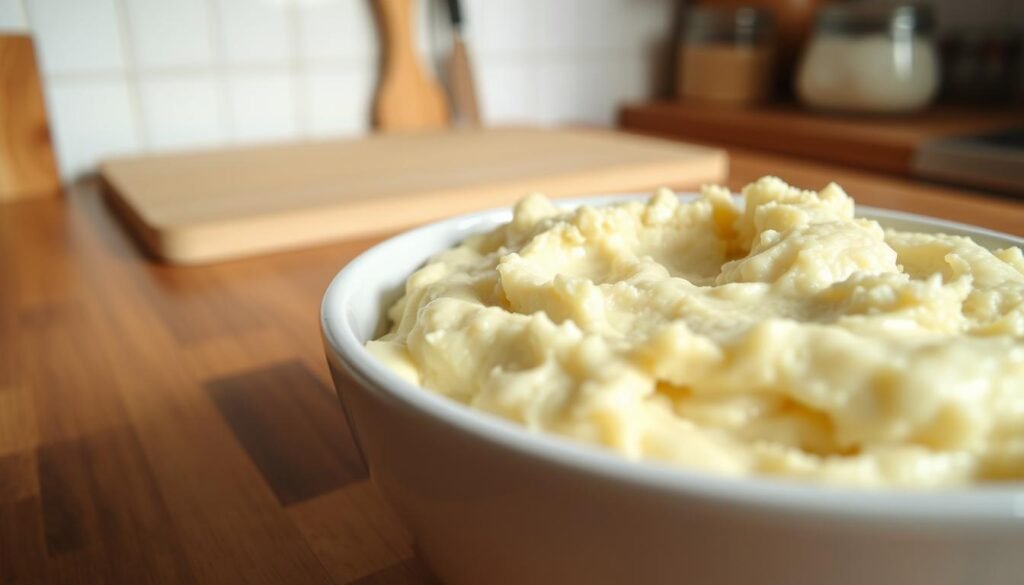 A close-up view of a wooden kitchen countertop, showcasing a bowl of creamy, pale-colored cauliflower mash. The mash is slightly lumpy, with a few visible pieces of cauliflower peeking through. The background is softly blurred, with a few cooking utensils and a cutting board visible in the distance, creating a cozy, homey atmosphere. The lighting is warm and natural, casting gentle shadows on the mash, highlighting its texture and consistency. The image conveys a sense of troubleshooting, as the viewer is invited to analyze the mash and consider potential adjustments to achieve the desired smooth, creamy texture.