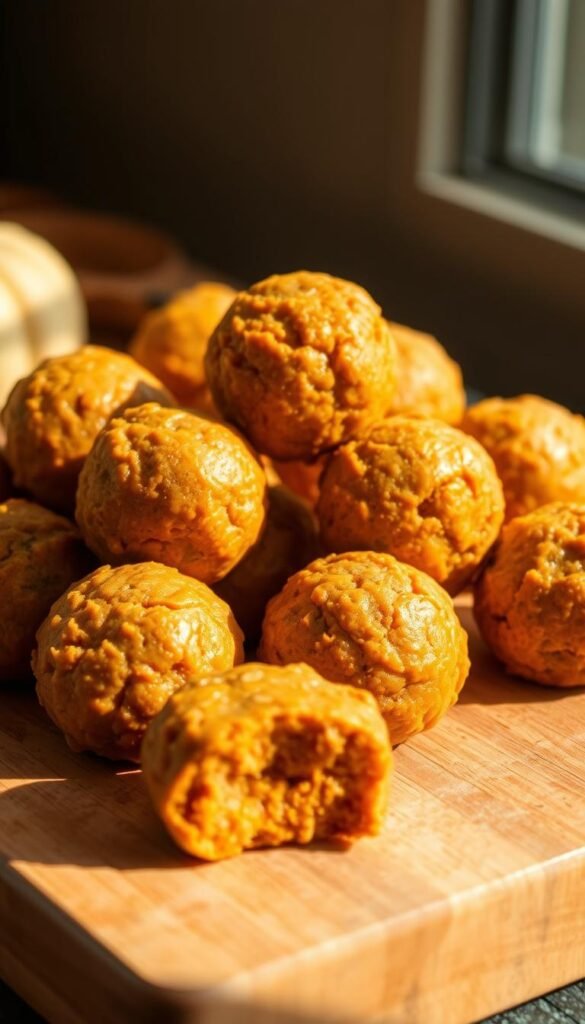A close-up view of freshly made pumpkin pie energy bites, arranged in a visually appealing formation on a wooden surface. The bites have a soft, doughy texture with a vibrant orange hue, reflecting the pumpkin puree and spices used in their preparation. The lighting is warm and natural, casting gentle shadows that accentuate the tactile quality of the bites. The composition is balanced, with the bites occupying the majority of the frame, allowing the viewer to focus on the details of their construction. The background is blurred, creating a sense of depth and emphasizing the subject. The overall atmosphere is cozy, inviting, and captures the essence of the homemade, wholesome nature of the pumpkin pie energy bites. A close-up view of freshly made pumpkin pie energy bites, arranged in a visually appealing formation on a wooden surface. The bites have a soft, doughy texture with a vibrant orange hue, reflecting the pumpkin puree and spices used in their preparation. The lighting is warm and natural, casting gentle shadows that accentuate the tactile quality of the bites. The composition is balanced, with the bites occupying the majority of the frame, allowing the viewer to focus on the details of their construction. The background is blurred, creating a sense of depth and emphasizing the subject. The overall atmosphere is cozy, inviting, and captures the essence of the homemade, wholesome nature of the pumpkin pie energy bites.