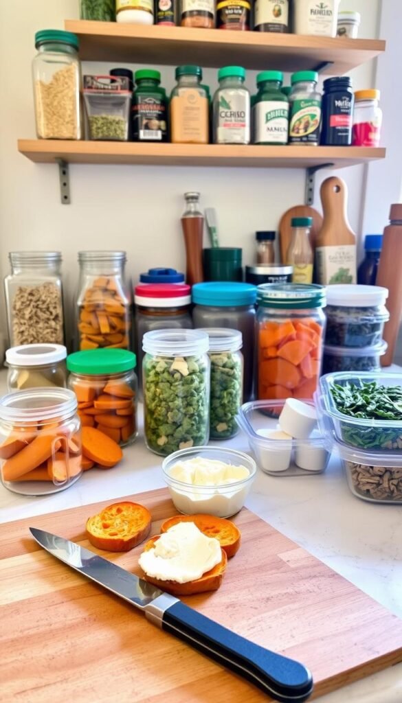 A cozy kitchen counter filled with glass jars, plastic containers, and neatly organized sweet potato crostini ingredients. Soft natural lighting illuminates the scene, highlighting the texture of the crostini and the creamy goat cheese. In the foreground, a cutting board with a knife and a few sliced sweet potatoes, ready for preparation. In the background, shelves hold various spices, herbs, and other culinary essentials, creating a sense of a well-stocked, efficient workspace. The overall atmosphere conveys a sense of preparedness and thoughtful organization, perfectly suited for the "Make-Ahead Options and Storage Tips" section of the article. A cozy kitchen counter filled with glass jars, plastic containers, and neatly organized sweet potato crostini ingredients. Soft natural lighting illuminates the scene, highlighting the texture of the crostini and the creamy goat cheese. In the foreground, a cutting board with a knife and a few sliced sweet potatoes, ready for preparation. In the background, shelves hold various spices, herbs, and other culinary essentials, creating a sense of a well-stocked, efficient workspace. The overall atmosphere conveys a sense of preparedness and thoughtful organization, perfectly suited for the "Make-Ahead Options and Storage Tips" section of the article.