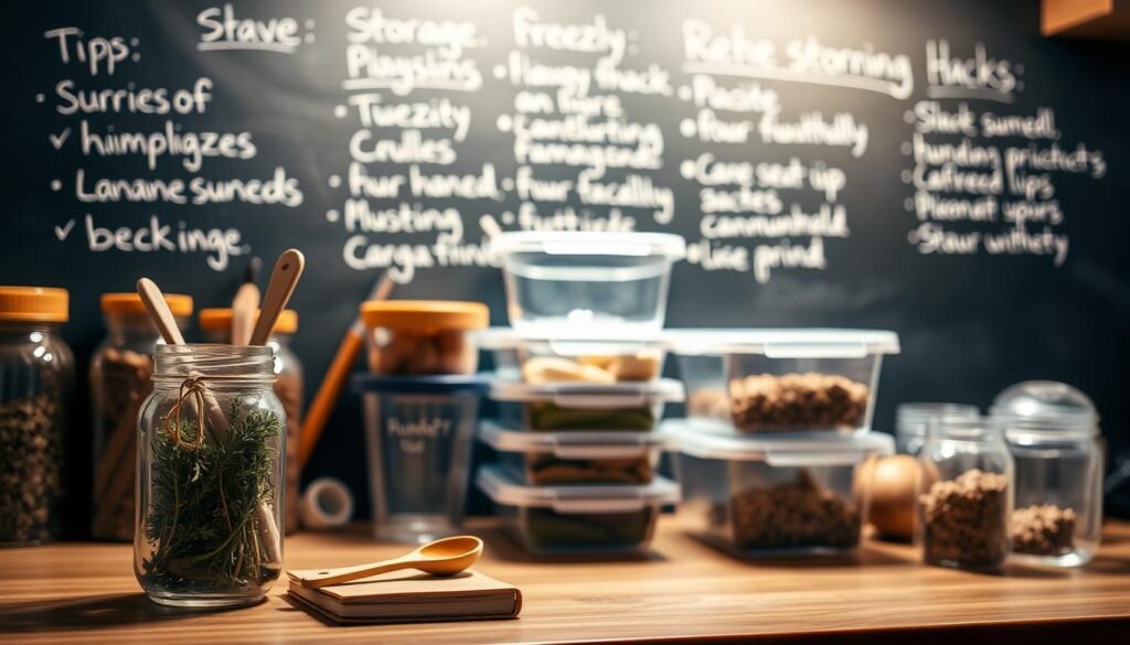 A cozy kitchen counter with various storage containers and jars, bathed in warm, diffused lighting. In the foreground, a glass jar filled with dried herbs, a wooden spoon, and a small notebook. In the middle ground, stacked clear plastic containers, each labeled with their contents. In the background, a chalkboard wall with simple storage tips and hacks neatly written in white chalk. The overall mood is organized, practical, and inviting, reflecting the theme of "Storage, Freezing, and Reheating Tips". A cozy kitchen counter with various storage containers and jars, bathed in warm, diffused lighting. In the foreground, a glass jar filled with dried herbs, a wooden spoon, and a small notebook. In the middle ground, stacked clear plastic containers, each labeled with their contents. In the background, a chalkboard wall with simple storage tips and hacks neatly written in white chalk. The overall mood is organized, practical, and inviting, reflecting the theme of "Storage, Freezing, and Reheating Tips".