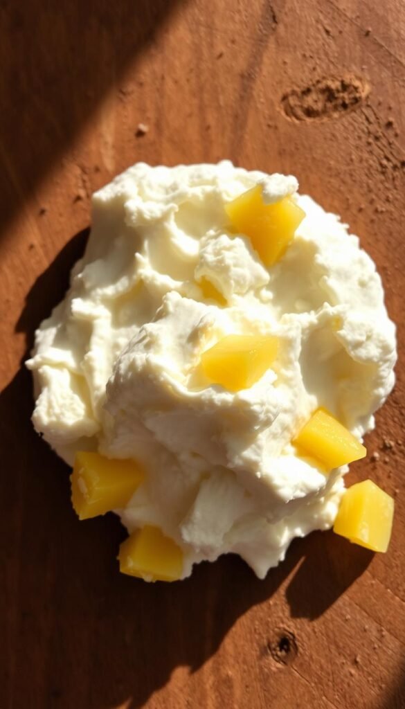 A creamy and textured cottage cheese, with a hint of golden pineapple pieces scattered throughout, resting on a rustic wooden surface. The light falls gently, casting warm shadows and highlighting the soft, inviting appearance of the dish. The pineapple pieces have a natural, slightly fibrous texture, contrasting with the smooth, creamy cottage cheese. The composition is simple yet elegant, drawing the viewer's attention to the harmonious blend of flavors and textures.