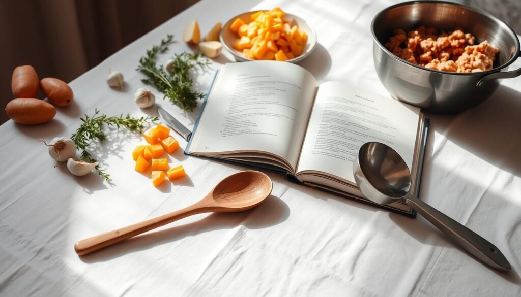 A crisp white tablecloth with neatly placed ingredients - fresh thyme, garlic, diced sweet potatoes, and ground turkey. In the foreground, a wooden cooking spoon and ladle rest on the surface, ready for action. Soft, directional lighting from the side casts gentle shadows, creating a warm, inviting atmosphere. In the middle ground, an open cookbook with clearly written, step-by-step instructions sits alongside a stainless steel mixing bowl and chef's knife, hinting at the culinary process to come. The background is blurred, keeping the focus on the preparation tools and ingredients, conveying a sense of order and organization for the upcoming Turkey & Sweet Potato Shepherd's Pie recipe. A crisp white tablecloth with neatly placed ingredients - fresh thyme, garlic, diced sweet potatoes, and ground turkey. In the foreground, a wooden cooking spoon and ladle rest on the surface, ready for action. Soft, directional lighting from the side casts gentle shadows, creating a warm, inviting atmosphere. In the middle ground, an open cookbook with clearly written, step-by-step instructions sits alongside a stainless steel mixing bowl and chef's knife, hinting at the culinary process to come. The background is blurred, keeping the focus on the preparation tools and ingredients, conveying a sense of order and organization for the upcoming Turkey & Sweet Potato Shepherd's Pie recipe.