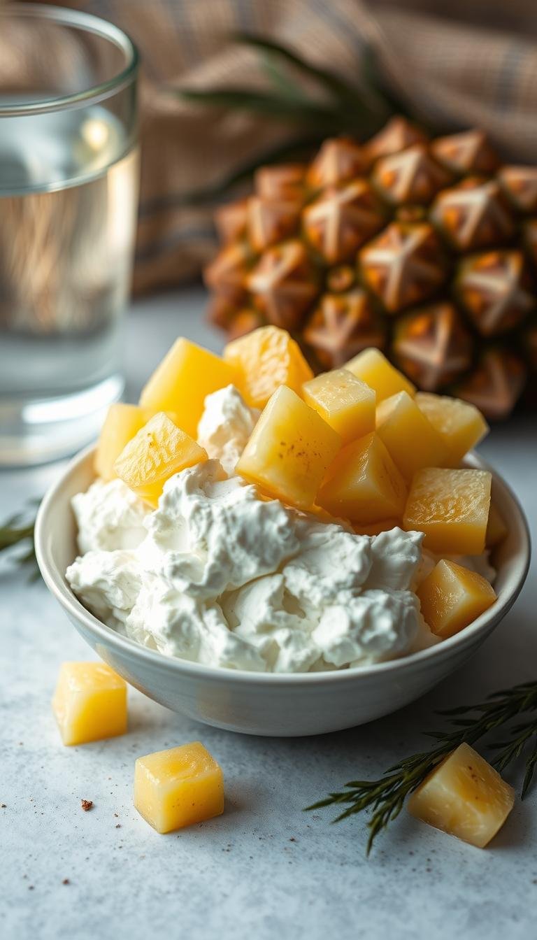 A delectable scene of a cottage cheese bowl adorned with vibrant pineapple chunks, set against a natural background. The creamy cottage cheese stands out, its texture inviting. Pineapple slices are artfully arranged, their golden hues complementing the white of the cheese. Soft, diffused lighting casts a warm glow, evoking a sense of nourishment and wellness. The composition is balanced, with the ingredients taking center stage. A glass of water or herbal tea may be present, completing the healthful, holistic imagery. The overall atmosphere is one of freshness, simplicity, and the perfect marriage of flavors.