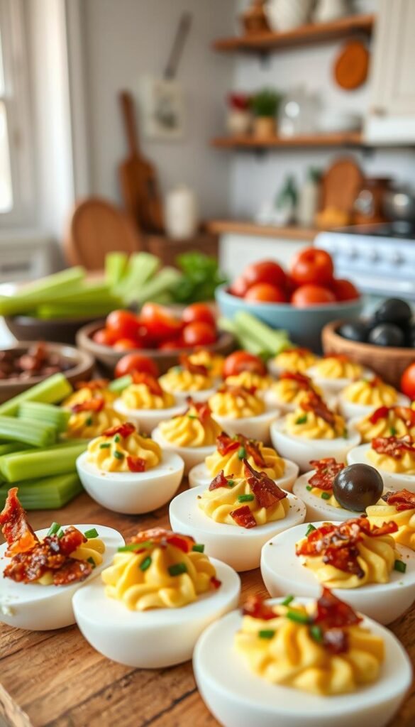 A delectable spread of deviled eggs in the foreground, presented on a rustic wooden board. Garnished with a variety of complementary toppings - crisp bacon crumbles, fresh chives, zesty pickled vegetables, and tangy mustard seeds. The middle ground showcases an array of accompanying ingredients, such as crunchy celery sticks, juicy cherry tomatoes, and salty olives, all arranged in a visually appealing manner. The background features a soft, blurred image of a vintage kitchen interior, with muted tones and natural light filtering through, creating a cozy, inviting atmosphere. The overall scene conveys a sense of culinary sophistication and flavorful possibilities for pairing with the classic deviled eggs. A delectable spread of deviled eggs in the foreground, presented on a rustic wooden board. Garnished with a variety of complementary toppings - crisp bacon crumbles, fresh chives, zesty pickled vegetables, and tangy mustard seeds. The middle ground showcases an array of accompanying ingredients, such as crunchy celery sticks, juicy cherry tomatoes, and salty olives, all arranged in a visually appealing manner. The background features a soft, blurred image of a vintage kitchen interior, with muted tones and natural light filtering through, creating a cozy, inviting atmosphere. The overall scene conveys a sense of culinary sophistication and flavorful possibilities for pairing with the classic deviled eggs.
