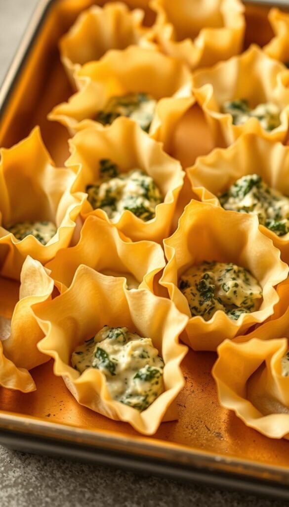 A golden-hued tray of delicate wonton wrappers, their edges pinched into decorative curves, ready to be filled with a creamy spinach and artichoke dip. The wrappers are arranged in an elegant, inviting display, illuminated by soft, warm lighting that casts gentle shadows, highlighting their intricate textures. The scene is captured from a slightly elevated angle, allowing the viewer to appreciate the intricate folds and pleats of the wrappers, as well as the overall presentation. The background is a subtly blurred, neutral tone, keeping the focus firmly on the star of the show - the versatile wonton wrappers, poised to transform into the perfect vessel for a savory, indulgent dip.