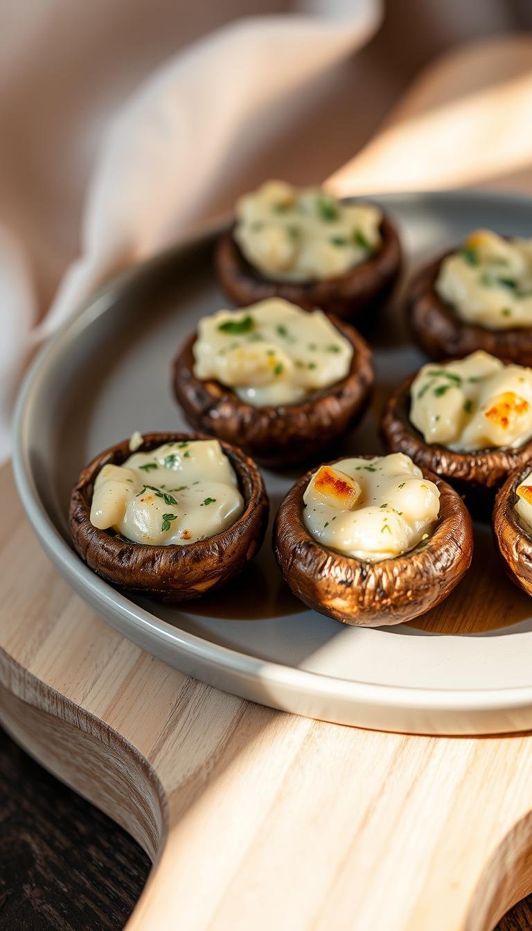 A plate of freshly baked mini cheese and herb stuffed mushrooms, the caps gently stuffed with a creamy, herbed filling, arranged on a wooden board against a soft, blurred background. The mushrooms have a golden-brown crust, with a hint of crisp texture. The lighting is warm and natural, casting gentle shadows and highlights that accentuate the delicate details of the dish. The composition is balanced and inviting, drawing the viewer's eye to the captivating presentation of this savory appetizer.