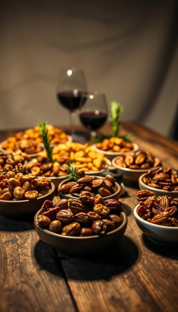 A rustic wooden table, dimly lit by warm overhead lighting, showcases an assortment of roasted nuts. In the foreground, a selection of small dishes filled with different nut varieties, such as candied walnuts, salted almonds, and spiced pecans, arranged in a visually appealing manner. In the middle ground, a few decorative elements like a small vase of fresh rosemary sprigs and a glass of red wine add to the cozy, intimate atmosphere. The background features a neutral, slightly blurred backdrop, allowing the focus to remain on the delectable nut pairings. The overall mood is one of relaxation and indulgence, inviting the viewer to imagine the delightful flavors and textures of these complementary roasted nut combinations.