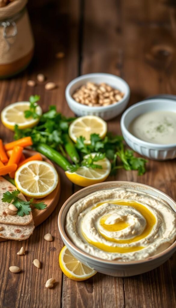A rustic wooden table with a selection of serving suggestions for homemade hummus. In the foreground, a bowl of creamy hummus is surrounded by freshly baked pita bread, crunchy vegetable crudités, and slices of juicy lemon. The middle ground features an assortment of garnishes, including aromatic herbs, toasted pine nuts, and a drizzle of fragrant olive oil. The background is softly lit, creating a warm, inviting atmosphere, accentuated by the natural textures and earthy tones of the setting. The overall composition emphasizes the versatility and appeal of this delectable Middle Eastern dip.