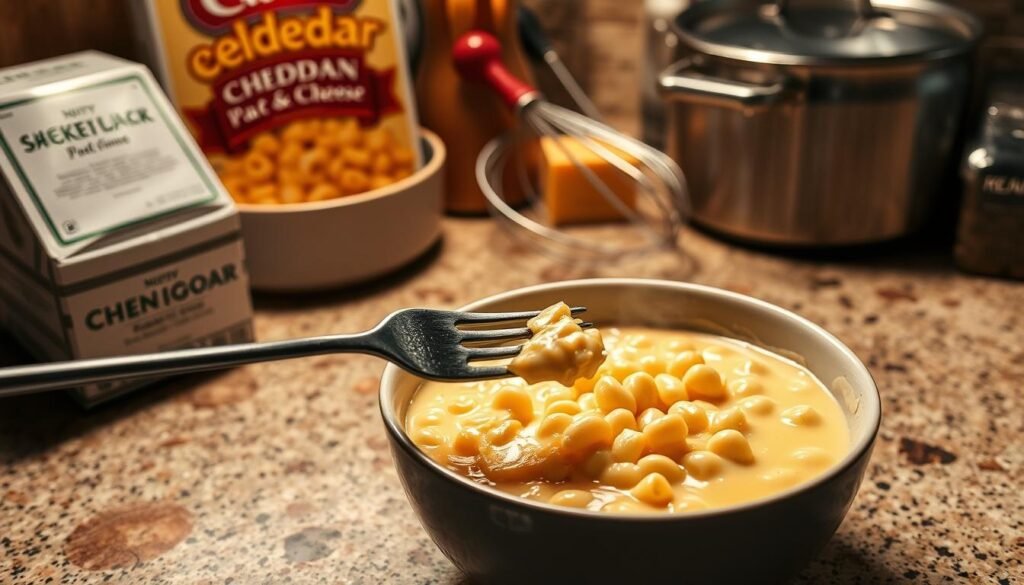 A spotlit kitchen counter, textured with grooves and knicks, holds a steaming bowl of mac and cheese. The cheese sauce glistens, its surface dotted with air bubbles, hinting at potential texture issues. In the foreground, a fork dips in, revealing the interior - a creamy, slightly clumped mixture, not the smooth, velvety consistency desired. Surrounding the bowl, an assortment of ingredients and tools - a box of elbow pasta, a half-used block of cheddar, a whisk, and a pot lid - offer clues to the troubleshooting process. Warm, soft lighting bathes the scene, creating an intimate, problem-solving atmosphere. A spotlit kitchen counter, textured with grooves and knicks, holds a steaming bowl of mac and cheese. The cheese sauce glistens, its surface dotted with air bubbles, hinting at potential texture issues. In the foreground, a fork dips in, revealing the interior - a creamy, slightly clumped mixture, not the smooth, velvety consistency desired. Surrounding the bowl, an assortment of ingredients and tools - a box of elbow pasta, a half-used block of cheddar, a whisk, and a pot lid - offer clues to the troubleshooting process. Warm, soft lighting bathes the scene, creating an intimate, problem-solving atmosphere.