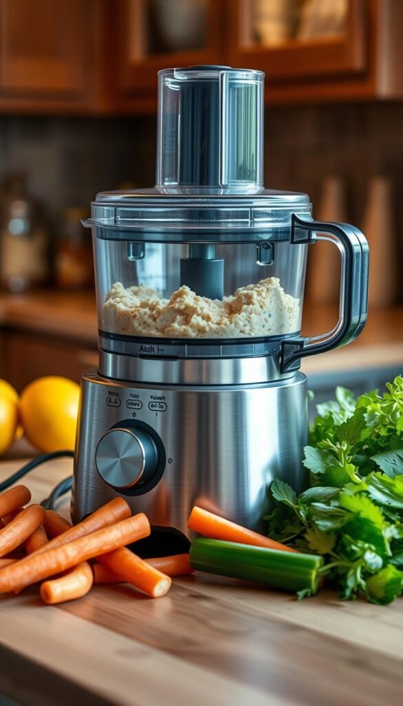 A stainless steel food processor with a sleek, modern design sits on a wood-grain kitchen counter, bathed in soft, warm lighting. Its brushed metal body gleams, and the clear plastic bowl reveals the sharp, stainless steel blades within. The processor's control panel features simple, intuitive buttons and dials, allowing for precise control over speed and pulse functions. The appliance is surrounded by an assortment of fresh, vibrant vegetables - carrots, celery, and cucumber sticks - ready to be transformed into a delicious, homemade hummus.