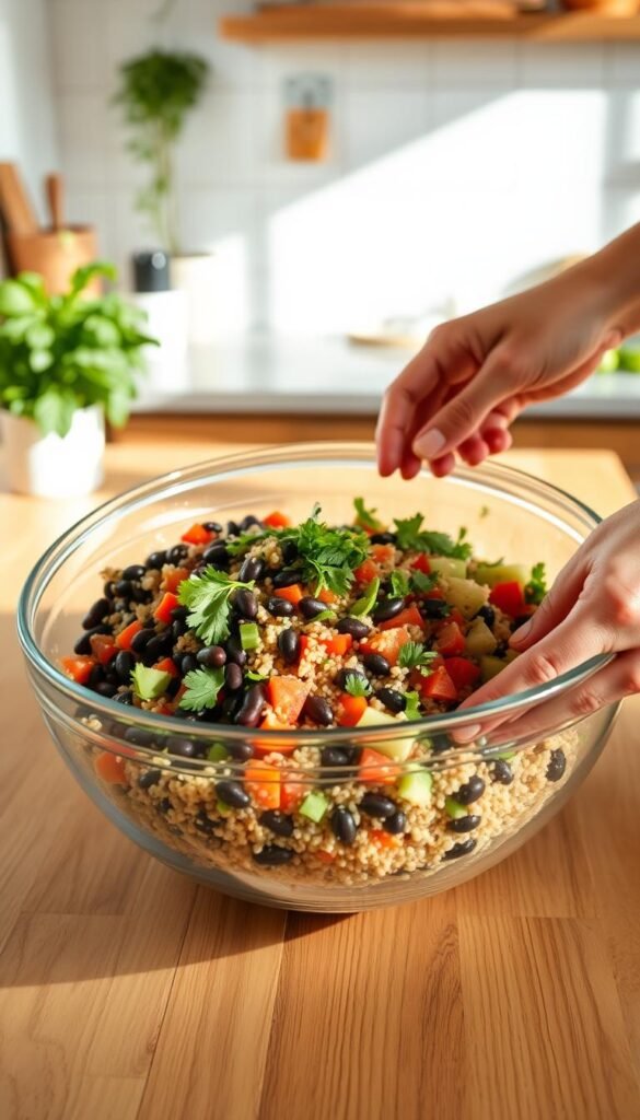 A sunny kitchen with a wooden table, a large mixing bowl filled with vibrant quinoa, black beans, chopped vegetables, and fresh herbs. Crisp, natural lighting casts a warm glow, highlighting the ingredients as they are carefully combined by skilled hands. The scene exudes a sense of fresh, healthy preparation, inviting the viewer to join in the step-by-step process of creating a delicious quinoa and black bean salad. A sunny kitchen with a wooden table, a large mixing bowl filled with vibrant quinoa, black beans, chopped vegetables, and fresh herbs. Crisp, natural lighting casts a warm glow, highlighting the ingredients as they are carefully combined by skilled hands. The scene exudes a sense of fresh, healthy preparation, inviting the viewer to join in the step-by-step process of creating a delicious quinoa and black bean salad.