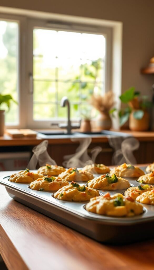 A tray of freshly baked protein muffins sits on a wooden countertop, steam gently rising from the golden-brown tops. The muffins are filled with a savory blend of broccoli florets, sharp cheddar cheese, and a hint of spice. The lighting is soft and warm, creating a cozy, inviting atmosphere. In the background, a kitchen window frames a view of a lush, verdant garden, adding a touch of natural beauty to the scene. The camera angle is slightly elevated, capturing the muffins in an appealing, appetizing composition. The overall mood is one of homemade comfort and healthy indulgence. A tray of freshly baked protein muffins sits on a wooden countertop, steam gently rising from the golden-brown tops. The muffins are filled with a savory blend of broccoli florets, sharp cheddar cheese, and a hint of spice. The lighting is soft and warm, creating a cozy, inviting atmosphere. In the background, a kitchen window frames a view of a lush, verdant garden, adding a touch of natural beauty to the scene. The camera angle is slightly elevated, capturing the muffins in an appealing, appetizing composition. The overall mood is one of homemade comfort and healthy indulgence.