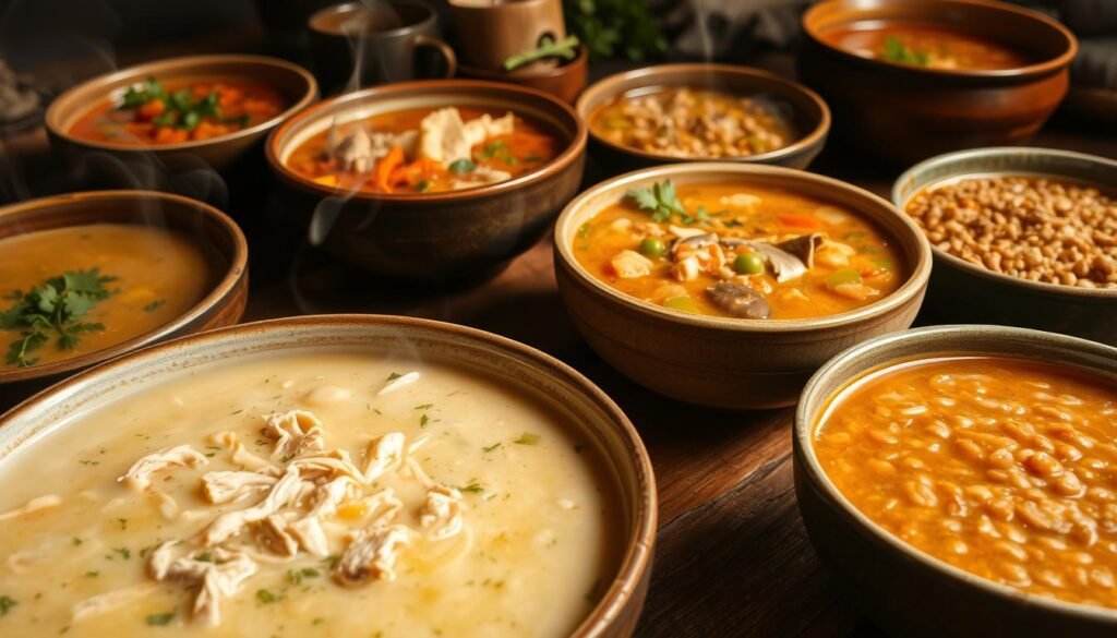 A variety of aromatic soups simmering on a rustic wooden table, their steamy tendrils swirling under warm, soft lighting. In the foreground, a creamy white bean and chicken soup, its surface dotted with tender shredded meat and fragrant herbs. Surrounding it, an array of contrasting textures and flavors - a hearty tomato-based minestrone, a vibrant vegetable-packed broth, a rich and velvety mushroom bisque, and a comforting lentil and barley stew. Each soup presented in elegantly simple ceramic bowls, their subtle variations in color and consistency creating a visually stunning display. The overall scene conveys a sense of cozy, homemade comfort and culinary creativity. A variety of aromatic soups simmering on a rustic wooden table, their steamy tendrils swirling under warm, soft lighting. In the foreground, a creamy white bean and chicken soup, its surface dotted with tender shredded meat and fragrant herbs. Surrounding it, an array of contrasting textures and flavors - a hearty tomato-based minestrone, a vibrant vegetable-packed broth, a rich and velvety mushroom bisque, and a comforting lentil and barley stew. Each soup presented in elegantly simple ceramic bowls, their subtle variations in color and consistency creating a visually stunning display. The overall scene conveys a sense of cozy, homemade comfort and culinary creativity.
