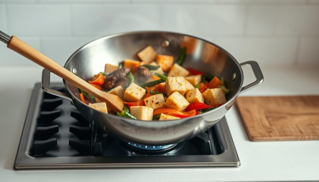 A vibrant kitchen scene with a stainless steel wok sizzling on a gas stovetop, filled with fresh, colorful vegetables and cubes of golden tofu. The stir-fry is in mid-preparation, with a wooden spoon gently tossing the ingredients in a cloud of fragrant steam. Soft, even lighting illuminates the process, creating depth and texture. The background features a clean, minimalist countertop and backsplash, allowing the cooking action to take center stage. The overall atmosphere is one of focused, efficient cooking, perfectly capturing the step-by-step process of creating a delicious tofu and vegetable stir-fry. A vibrant kitchen scene with a stainless steel wok sizzling on a gas stovetop, filled with fresh, colorful vegetables and cubes of golden tofu. The stir-fry is in mid-preparation, with a wooden spoon gently tossing the ingredients in a cloud of fragrant steam. Soft, even lighting illuminates the process, creating depth and texture. The background features a clean, minimalist countertop and backsplash, allowing the cooking action to take center stage. The overall atmosphere is one of focused, efficient cooking, perfectly capturing the step-by-step process of creating a delicious tofu and vegetable stir-fry.