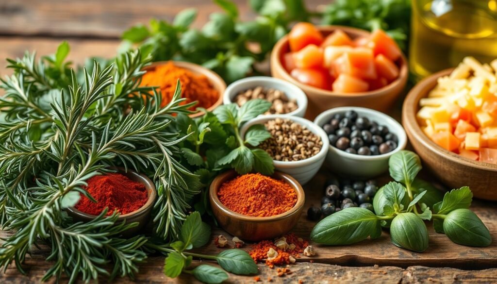 A vibrant still life composition featuring various flavor-enhancing ingredients arranged on a rustic wooden surface. In the foreground, an assortment of fresh herbs - rosemary, thyme, and oregano - their lush green leaves gently illuminated by soft, natural lighting. In the middle ground, an array of spices in small bowls - paprika, garlic powder, onion flakes, and black pepper corns - their rich colors and textures creating visual interest. In the background, a selection of nutritious add-ins - diced tomatoes, shredded cheddar cheese, and a drizzle of olive oil - adding depth and complexity to the scene. The overall mood is warm, inviting, and evocative of the flavors and aromas of a comforting, homemade dish. A vibrant still life composition featuring various flavor-enhancing ingredients arranged on a rustic wooden surface. In the foreground, an assortment of fresh herbs - rosemary, thyme, and oregano - their lush green leaves gently illuminated by soft, natural lighting. In the middle ground, an array of spices in small bowls - paprika, garlic powder, onion flakes, and black pepper corns - their rich colors and textures creating visual interest. In the background, a selection of nutritious add-ins - diced tomatoes, shredded cheddar cheese, and a drizzle of olive oil - adding depth and complexity to the scene. The overall mood is warm, inviting, and evocative of the flavors and aromas of a comforting, homemade dish.