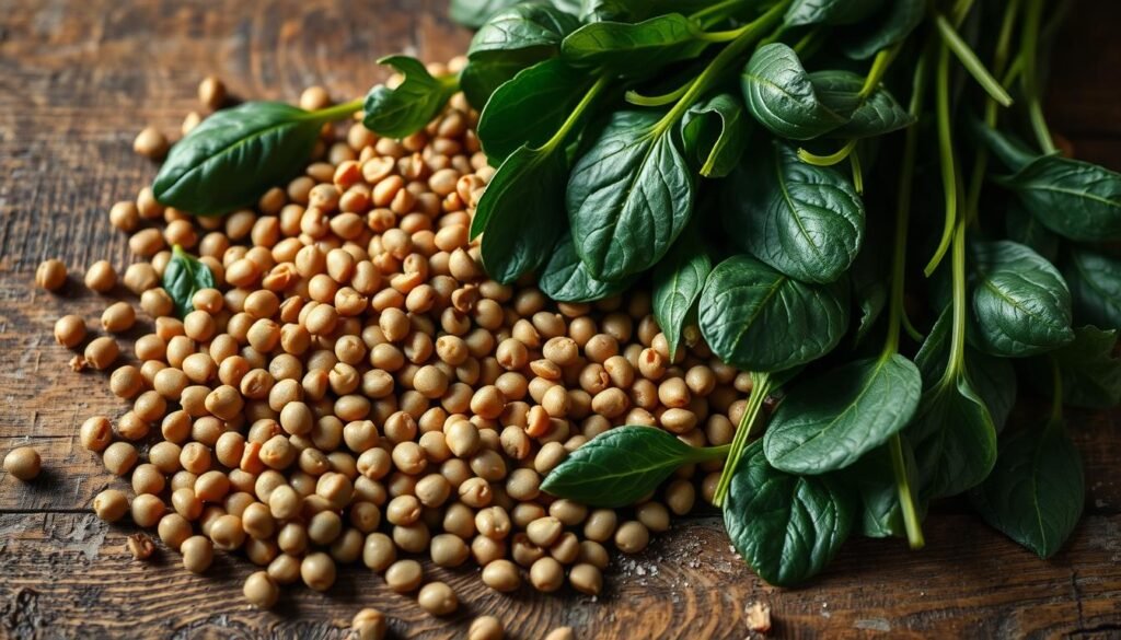 A vibrant still life of freshly harvested lentils and spinach leaves, delicately arranged on a rustic wooden table. The lentils, in varying shades of brown and green, are neatly scattered, while the spinach leaves, their deep emerald hues illuminated by soft, natural lighting, cascade gracefully across the scene. The composition is balanced, with the textural contrast between the smooth lentils and the curling, leafy spinach creating a visually appealing and appetizing display. A warm, earthy tone pervades the image, evoking the comforting nature of a homemade lentil and spinach stew. The lighting is gentle, casting a soft, diffused glow that highlights the natural beauty of the ingredients, inviting the viewer to imagine the delicious flavors and aromas that await.