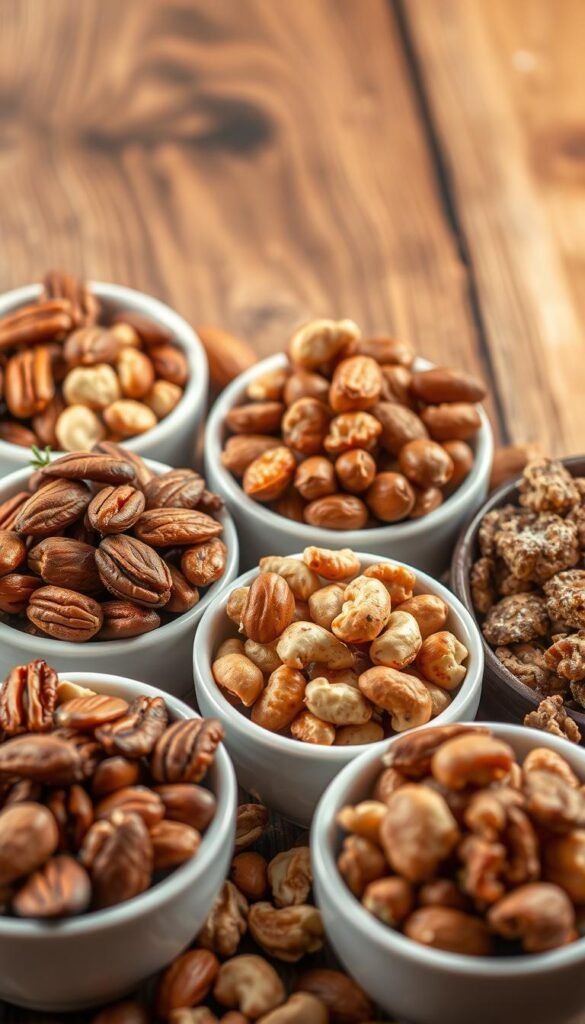 A visually appealing arrangement of various roasted nuts, including pecans, almonds, cashews, and walnuts, presented against a rustic wooden backdrop. The nuts are neatly organized in small bowls, each showcasing a distinct flavor profile, such as rosemary-infused, maple-glazed, and sea salt-dusted. The lighting is soft and warm, creating a cozy, inviting atmosphere. The camera angle is slightly elevated, allowing the viewer to appreciate the delicate textures and colors of the nuts. The overall composition emphasizes the diversity of flavors and the artisanal nature of the roasted nut selection.