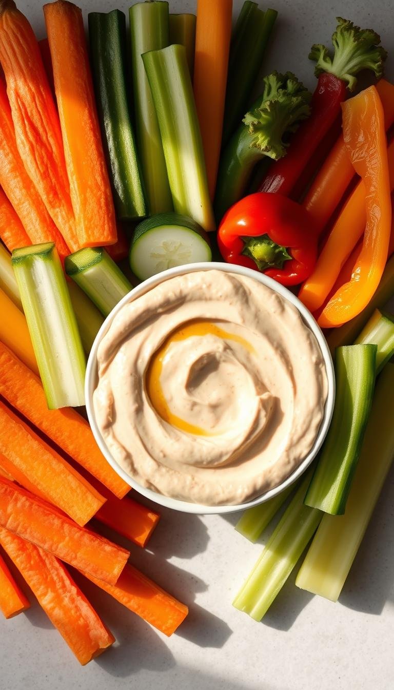 A visually appetizing arrangement of fresh, vibrant veggie sticks in an assortment of colors - carrots, cucumber, bell peppers, and celery - artfully presented alongside a creamy, smooth bowl of homemade hummus. The vegetables are neatly arranged, creating a pleasing, symmetrical composition. Soft, natural lighting illuminates the scene, casting gentle shadows and highlights that enhance the textures and colors. The hummus has a luscious, velvety appearance, inviting the viewer to dip and enjoy. The overall mood is one of healthfulness, simplicity, and culinary delight.
