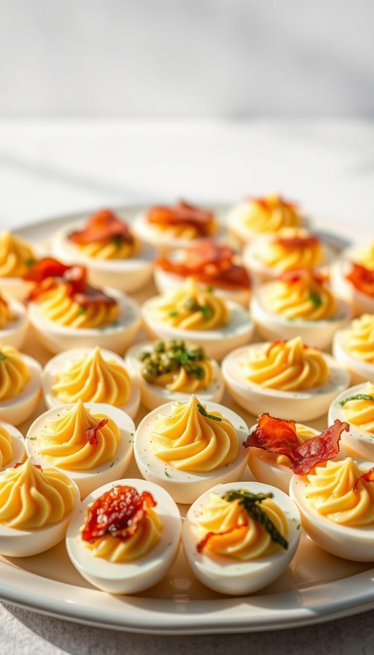 A visually stunning array of deviled eggs, each with a unique twist. In the foreground, a selection of classic deviled eggs nestled on a white platter, their creamy yolk filling piped in an elegant swirl. In the middle ground, a variety of creative variations - some topped with crispy bacon, others studded with tangy capers or fresh dill. The background features a soft, blurred backdrop, allowing the deviled eggs to take center stage. The lighting is soft and natural, casting gentle shadows and highlighting the vibrant colors and textures of the different recipes. The overall mood is one of culinary sophistication and appetizing allure, inviting the viewer to explore the delicious possibilities of this timeless dish.