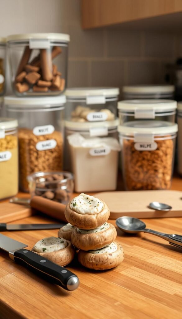 A warm, well-lit kitchen counter with an array of glass storage containers, airtight lids, and neatly labeled ingredients. In the foreground, a stack of small, round mushroom caps, their caps lifted to reveal a creamy, herb-flecked filling. Surrounding the mushrooms, assorted culinary tools like a sharp paring knife, a small cutting board, and a measuring spoon. The background features a subtle patterned tile backsplash, hinting at a cozy, organized cooking space. The overall mood is one of thoughtful meal preparation and efficient storage solutions, evoking a sense of culinary mastery and practical expertise.