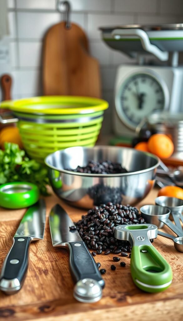A well-lit, close-up shot of an assortment of kitchen tools and equipment essential for preparing a fresh and flavorful quinoa and black bean salad. In the foreground, a wooden cutting board showcases a sharp chef's knife, a sturdy vegetable peeler, and a sleek citrus juicer. In the middle ground, a stainless steel mixing bowl sits alongside a set of measuring cups and spoons. In the background, a vibrant green salad spinner and a modern kitchen scale create a sense of balance and organization. The image is captured with a shallow depth of field, emphasizing the textures and details of the tools while softening the background. The overall mood is one of culinary preparedness and anticipation for a delightful, healthful salad. A well-lit, close-up shot of an assortment of kitchen tools and equipment essential for preparing a fresh and flavorful quinoa and black bean salad. In the foreground, a wooden cutting board showcases a sharp chef's knife, a sturdy vegetable peeler, and a sleek citrus juicer. In the middle ground, a stainless steel mixing bowl sits alongside a set of measuring cups and spoons. In the background, a vibrant green salad spinner and a modern kitchen scale create a sense of balance and organization. The image is captured with a shallow depth of field, emphasizing the textures and details of the tools while softening the background. The overall mood is one of culinary preparedness and anticipation for a delightful, healthful salad.