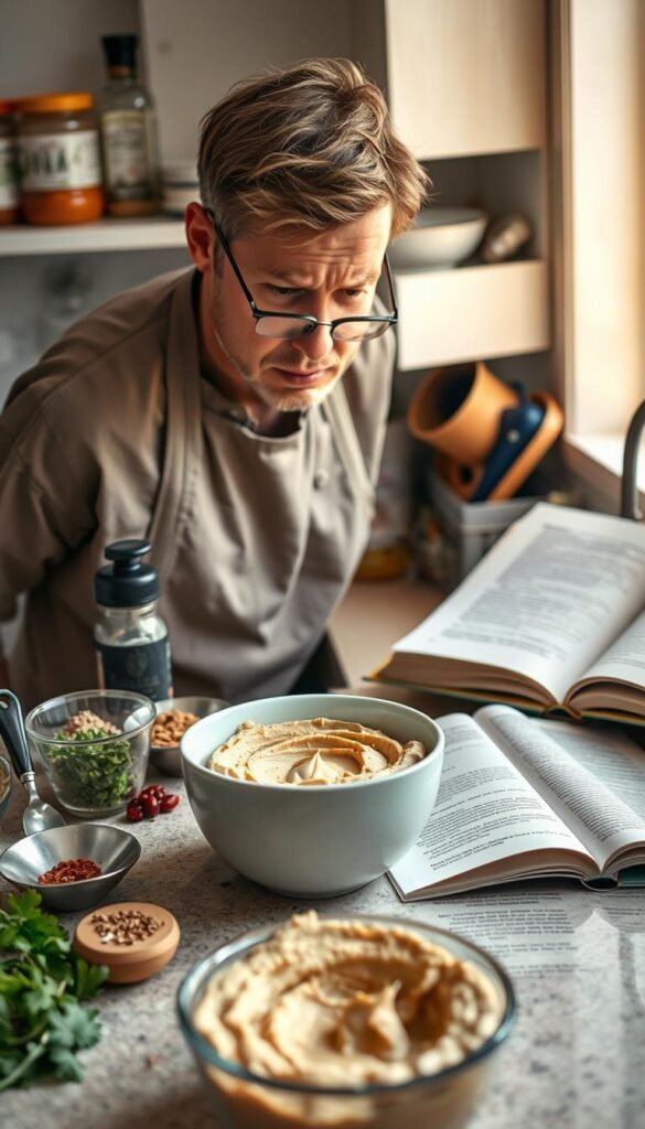 A well-lit kitchen counter, covered in various hummus-making tools and ingredients. In the foreground, a frustrated chef examines a bowl of questionable hummus texture, brow furrowed in concentration. The middle ground showcases an array of spices, herbs, and condiments, hinting at potential remedies. The background features an open cookbook, its pages revealing helpful tips and troubleshooting advice for perfecting the creamy dip. Soft, warm lighting illuminates the scene, creating an atmosphere of problem-solving and culinary exploration. A well-lit kitchen counter, covered in various hummus-making tools and ingredients. In the foreground, a frustrated chef examines a bowl of questionable hummus texture, brow furrowed in concentration. The middle ground showcases an array of spices, herbs, and condiments, hinting at potential remedies. The background features an open cookbook, its pages revealing helpful tips and troubleshooting advice for perfecting the creamy dip. Soft, warm lighting illuminates the scene, creating an atmosphere of problem-solving and culinary exploration.