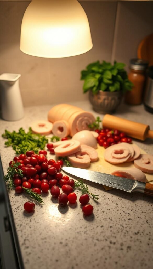 A well-lit kitchen counter, its surface strewn with an array of fresh ingredients - vibrant red cranberries, juicy turkey slices, aromatic herbs, and a rolling pin poised for action. A chef's knife gleams under the soft illumination, ready to slice and dice. The scene exudes a sense of culinary anticipation, the promise of a delectable homemade meal soon to come. Overhead, a warm, diffused light casts a gentle glow, highlighting the textures and colors of the mise en place. The atmosphere is one of focused preparation, a harmonious dance of tools and ingredients, setting the stage for the creation of the Turkey & Cranberry Pinwheels. A well-lit kitchen counter, its surface strewn with an array of fresh ingredients - vibrant red cranberries, juicy turkey slices, aromatic herbs, and a rolling pin poised for action. A chef's knife gleams under the soft illumination, ready to slice and dice. The scene exudes a sense of culinary anticipation, the promise of a delectable homemade meal soon to come. Overhead, a warm, diffused light casts a gentle glow, highlighting the textures and colors of the mise en place. The atmosphere is one of focused preparation, a harmonious dance of tools and ingredients, setting the stage for the creation of the Turkey & Cranberry Pinwheels.