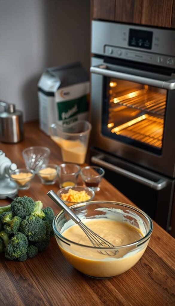 A well-lit kitchen counter with a wooden surface. In the foreground, a mixing bowl filled with a creamy, yellow batter. Nearby, a bundle of fresh broccoli florets, grated cheddar cheese, and a whisk. The middle ground features an electric hand mixer, measuring cups, and a bag of protein powder. The background showcases a stainless steel oven, with a warm, inviting glow emanating from the open door. The scene conveys a sense of culinary preparation, with soft, natural lighting and a clean, organized workspace. A well-lit kitchen counter with a wooden surface. In the foreground, a mixing bowl filled with a creamy, yellow batter. Nearby, a bundle of fresh broccoli florets, grated cheddar cheese, and a whisk. The middle ground features an electric hand mixer, measuring cups, and a bag of protein powder. The background showcases a stainless steel oven, with a warm, inviting glow emanating from the open door. The scene conveys a sense of culinary preparation, with soft, natural lighting and a clean, organized workspace.