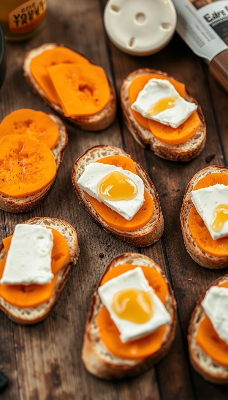 Carefully arranged crostini on a rustic wooden surface, meticulously assembled with slices of sweet potato, creamy goat cheese, and a drizzle of golden honey. The composition is captured with a soft, natural lighting that casts gentle shadows, highlighting the textures and colors of the ingredients. The camera angle is slightly elevated, providing a clear view of the step-by-step assembly process, with each element thoughtfully placed to create a visually appealing and appetizing scene. The overall mood is warm, inviting, and evocative of the homemade and artisanal nature of the dish.