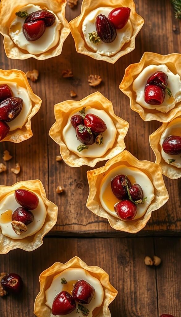 Delicate phyllo pastry cups filled with creamy brie and tangy cranberries, arranged on a rustic wooden surface. The bites are presented in various creative variations - some with additional toppings like toasted nuts, dried herbs, or a drizzle of honey. Soft, warm lighting casts a cozy glow, highlighting the flaky texture and vibrant colors. An overhead camera angle captures the artful composition, inviting the viewer to imagine the irresistible flavors and textures. The scene exudes a sense of homemade sophistication, perfect for a holiday gathering or elegant appetizer spread.