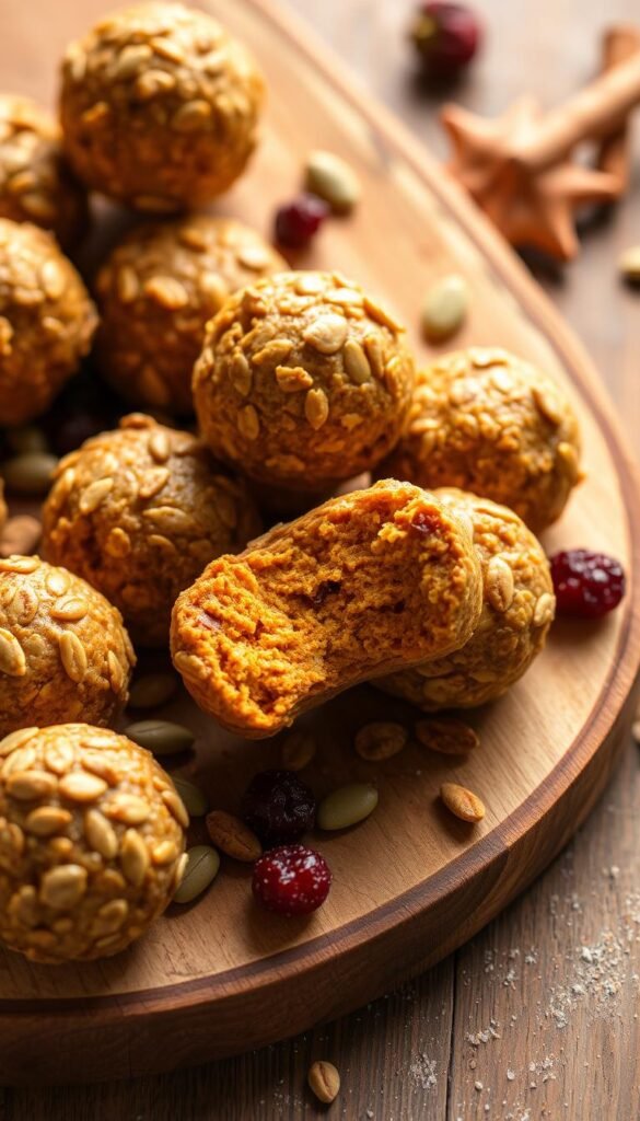 Freshly baked pumpkin pie energy bites, arranged artfully on a rustic wooden board. Warm autumn tones and soft natural lighting create an inviting, cozy atmosphere. The bites are nestled amidst a scattering of toasted pumpkin seeds, dried cranberries, and a light dusting of cinnamon. A single bite reveals the rich, creamy center complemented by the chewy, nutty exterior. The composition evokes the comforting flavors of pumpkin pie, perfect for serving as a healthy snack or dessert. Freshly baked pumpkin pie energy bites, arranged artfully on a rustic wooden board. Warm autumn tones and soft natural lighting create an inviting, cozy atmosphere. The bites are nestled amidst a scattering of toasted pumpkin seeds, dried cranberries, and a light dusting of cinnamon. A single bite reveals the rich, creamy center complemented by the chewy, nutty exterior. The composition evokes the comforting flavors of pumpkin pie, perfect for serving as a healthy snack or dessert.