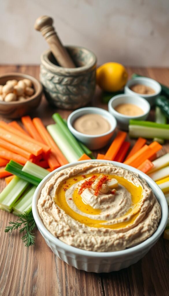 Freshly prepared classic hummus recipe on a rustic wooden table. In the foreground, a creamy, light brown hummus dip is served in a white ceramic bowl, garnished with a drizzle of olive oil, a sprinkle of paprika, and a few chickpeas. Surrounding the bowl are an array of vibrant vegetable sticks, such as carrot, celery, and cucumber, arranged in a visually appealing manner. The middle ground features a mortar and pestle, a lemon half, and a small bowl of tahini sauce. The background has a neutral, warm-toned color palette, creating a cozy, homemade atmosphere. The lighting is soft and natural, highlighting the textures and colors of the ingredients. The overall composition emphasizes the simplicity and freshness of the classic hummus recipe.