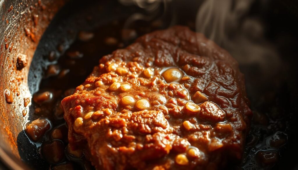 Sizzling browning beef with a golden-brown crust, simmering in a cast-iron skillet under warm, natural lighting. Droplets of fat glisten on the beef's surface, hinting at the rich, savory flavor to come. The skillet's textured metal surface adds depth and character to the scene. Viewed from a low, slightly angled perspective to emphasize the hearty, rustic qualities of the cooking process. A sense of anticipation and mouthwatering aroma fills the air, setting the stage for the creation of a delicious Beef & Quinoa Chili. Sizzling browning beef with a golden-brown crust, simmering in a cast-iron skillet under warm, natural lighting. Droplets of fat glisten on the beef's surface, hinting at the rich, savory flavor to come. The skillet's textured metal surface adds depth and character to the scene. Viewed from a low, slightly angled perspective to emphasize the hearty, rustic qualities of the cooking process. A sense of anticipation and mouthwatering aroma fills the air, setting the stage for the creation of a delicious Beef & Quinoa Chili.